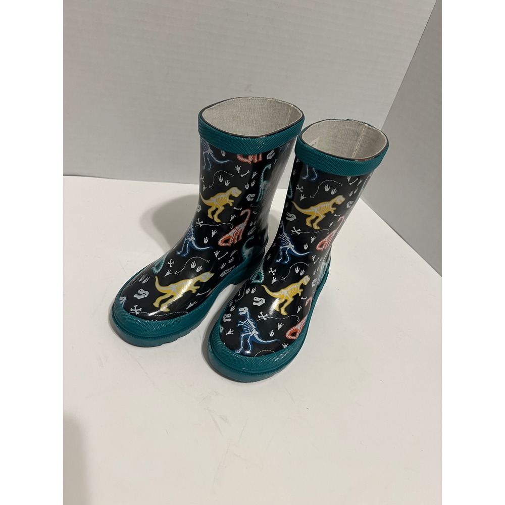 Lily & Dan Kids Dinosaur Skeleton Rain Boots Teal Black Rubber Size 9/10